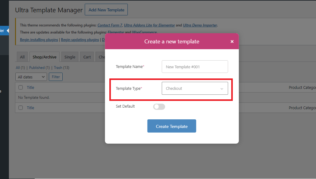 Template builder - Add New template - Template Type