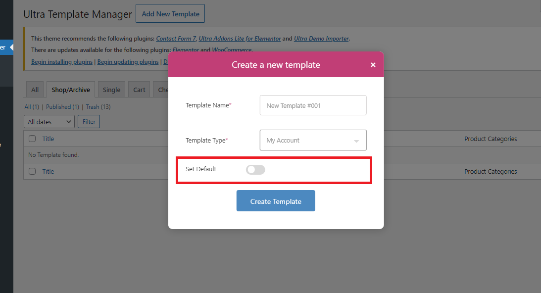 Template builder - Add New template - Set Default
