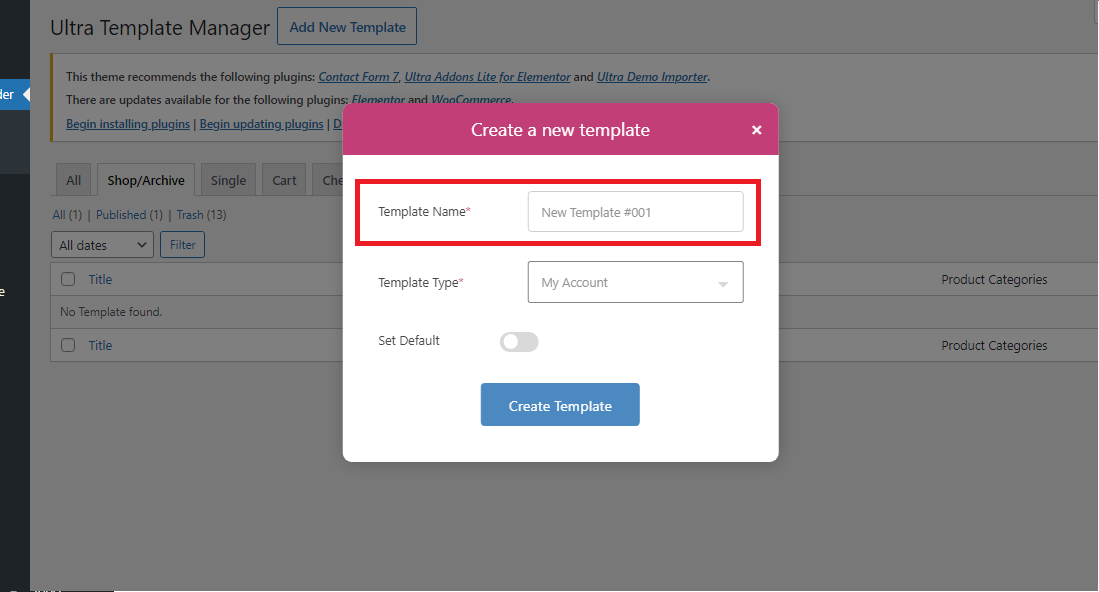 Template builder - Add New template - Template Name