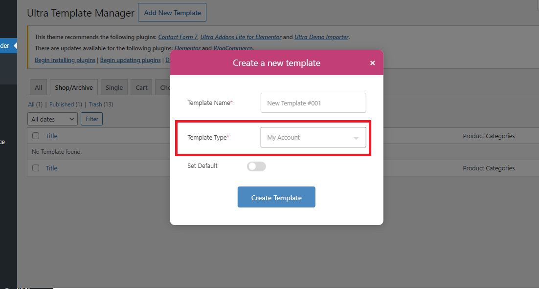 Template builder - Add New template - Template Type