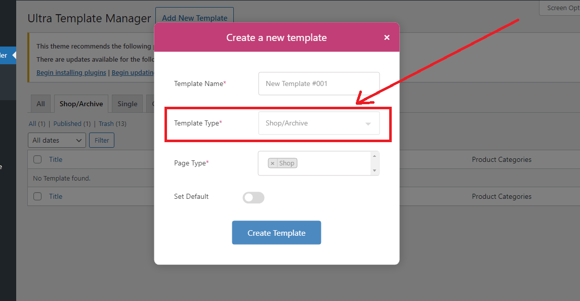 Template builder - Add New template - Page Type